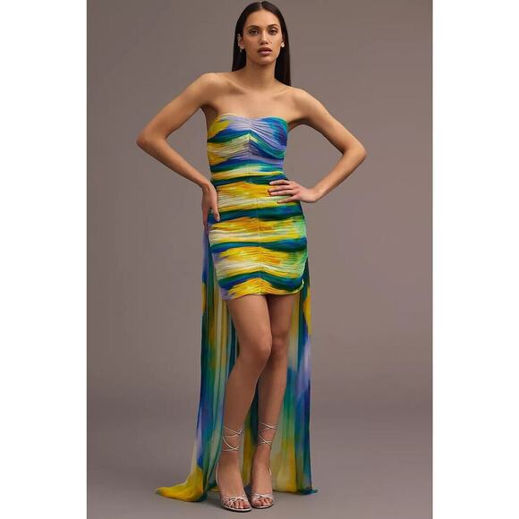 NWD Anthropologie Vineet Bahl Colorful Blurred Sheer Train Dress Sz L #MB426 - Picture 3 of 14